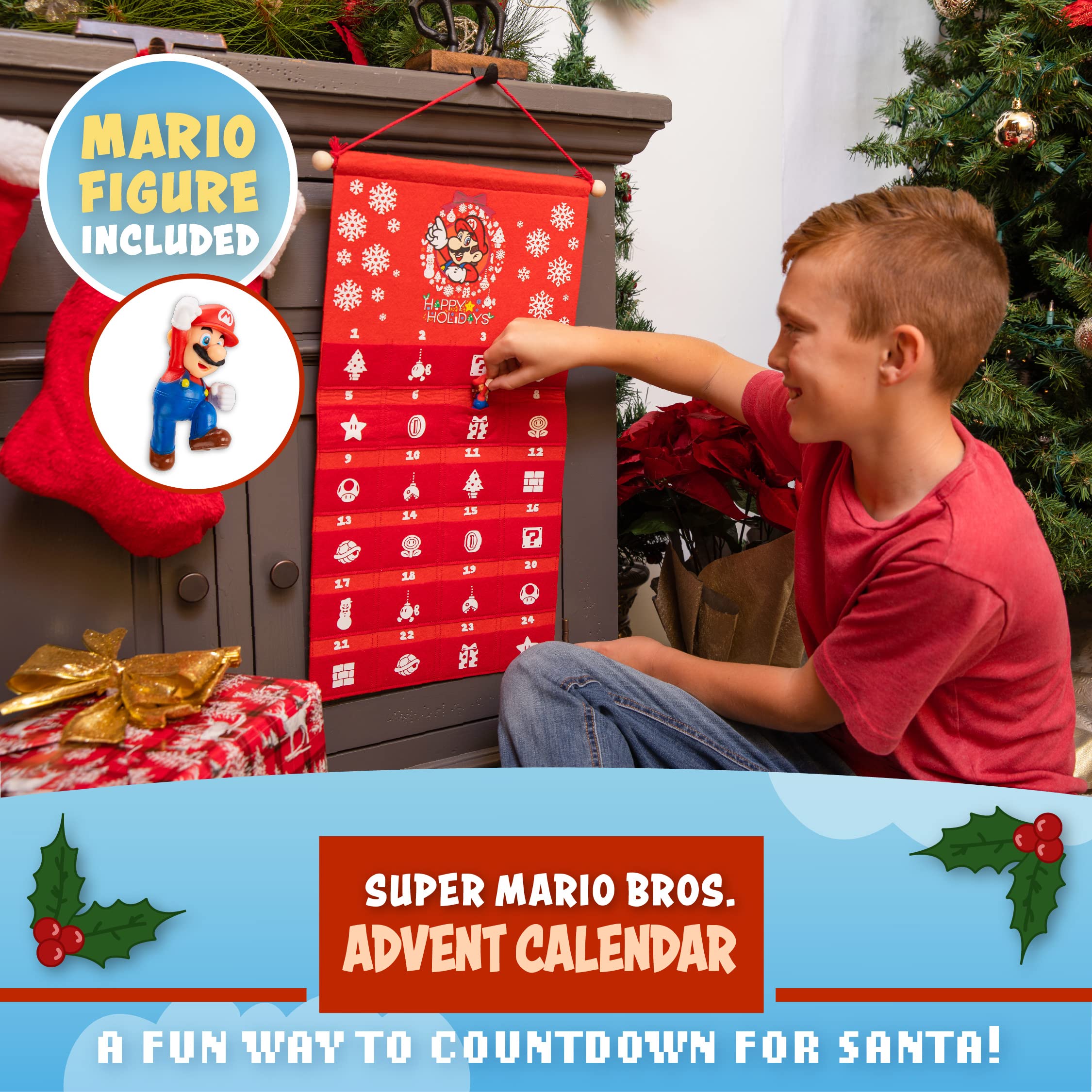 Super Mario Fabric Advent Calendar with Mario Toy, 24 Days Nintendo Christmas Countdown, Reusable Felt Hanging Wall Decoration w